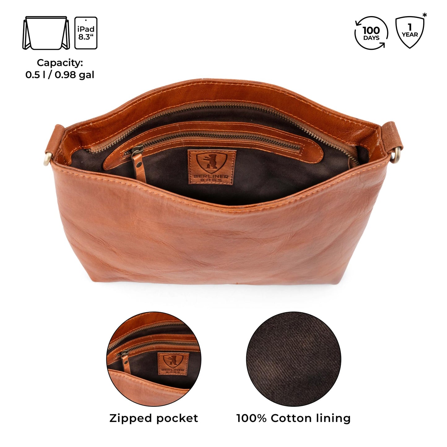 BERLINER BAGS Vintage Genuine Leather Shoulder Bag Marbella S, Small Crossbody Purse for Women - Brown