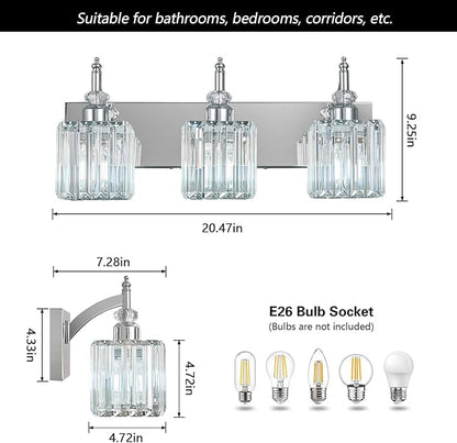 Crystal Vanity Lights Chrome 3 Light Modern Vanity Light for Bathroom