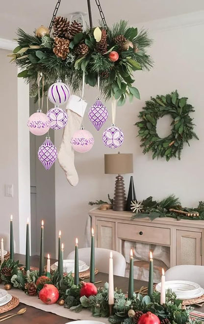 16PCS Shatterproof Christmas Ball Ornaments Set, Hand-Painted Holiday Decor with Assorted Sizes & Designs for Christmas Tree Thanksgiving Party Decoration, Purple-White