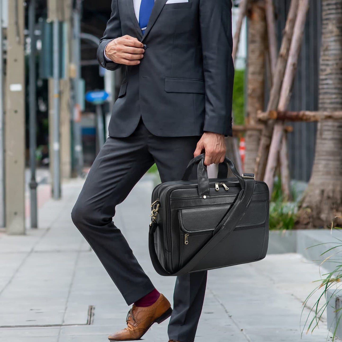 Polare Natural Napa Leather 16'' Black Business Briefcase Laptop Messenger Bag for Men with YKK Zippers