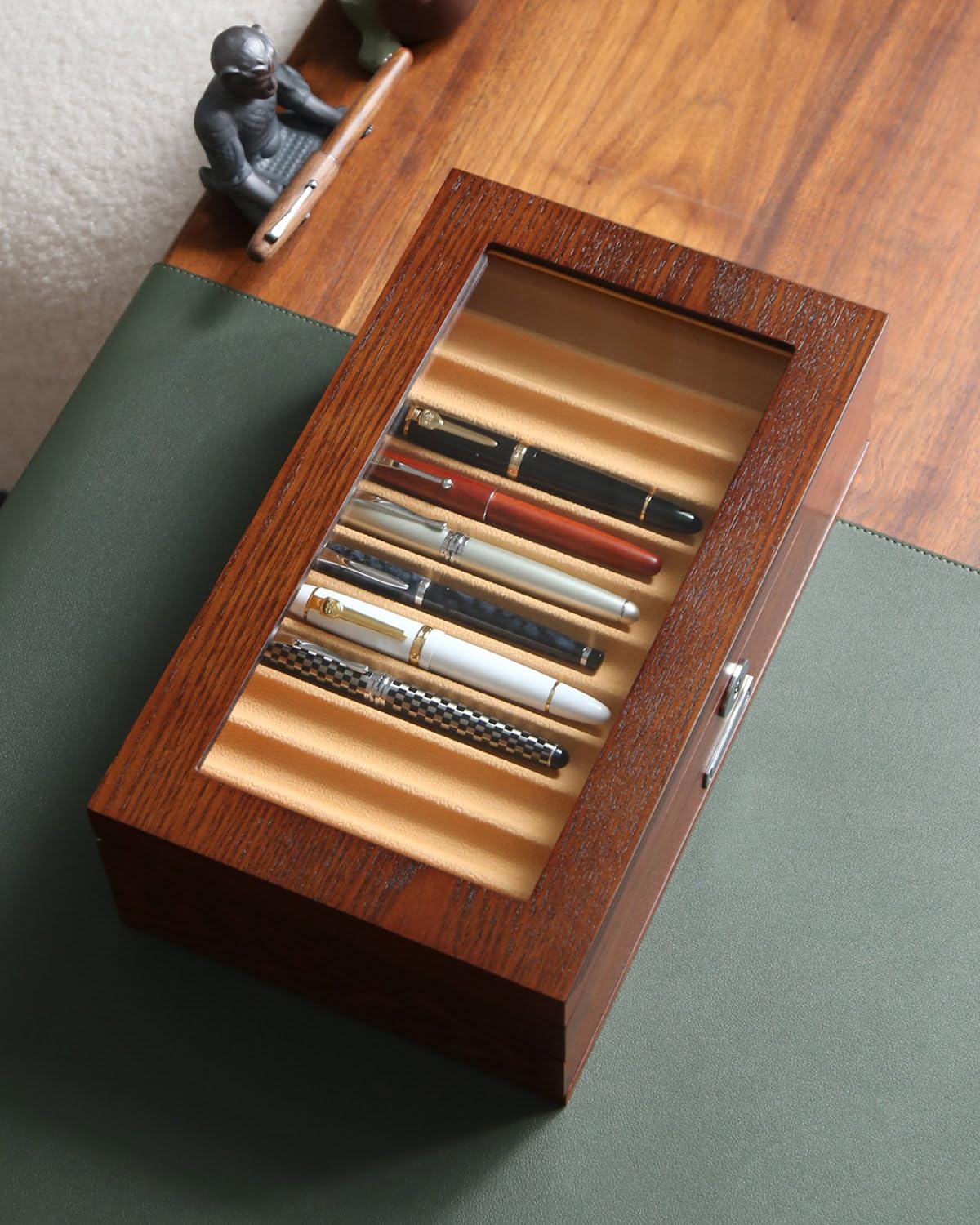 Bonaking Pen Display With 24 Slots, Wood Storage Organizer, Glass Window Box for Men Gift (Brown Ash Veneer Finish, Camel Velvet)