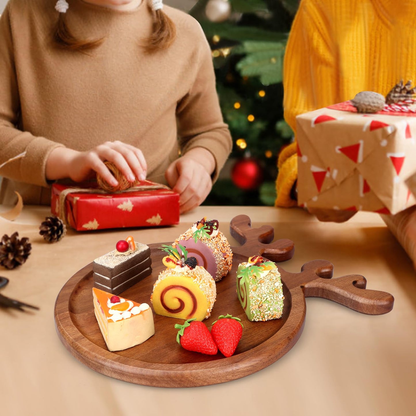 Renawe Decor Christmas Dinner Plate 12"x10" Wooden Cheese Charcuterie Board Xmas Cookies Platter Wood Salad Charger Plates for Christmas Holiday Festive Serving Dish Decorative Round Dessert Trays
