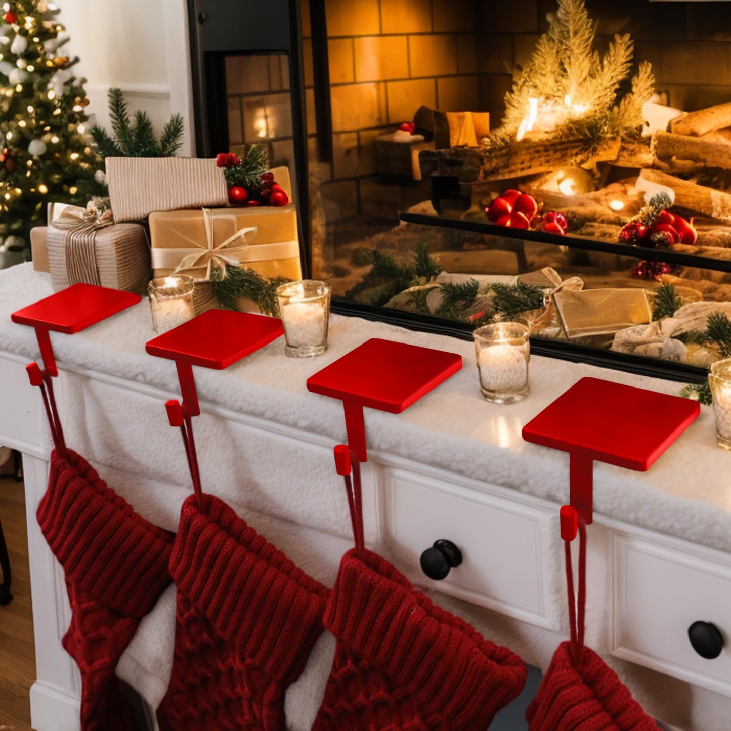 Joyyy Christmas Stocking Holders for Mantle Set of 4 Heavy-Duty Cast Iron Xmas Stocking Hangers Hooks for Mantel with Protective Pad for Fireplace Home Shelf (Red)