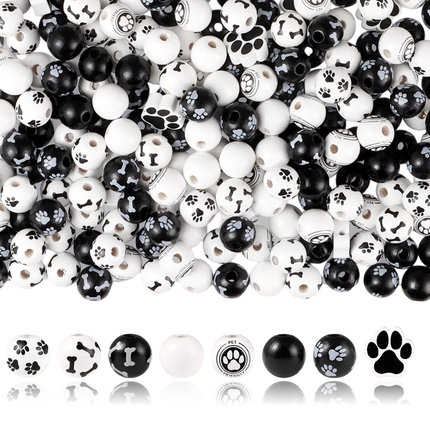 225Pcs Dog Paw Beads Wooden Puppy Paw Footprint Beads, Cute Black and White Spacer Bead for Pet Charm DIY Pendant Jewelry Making Home Decor Party