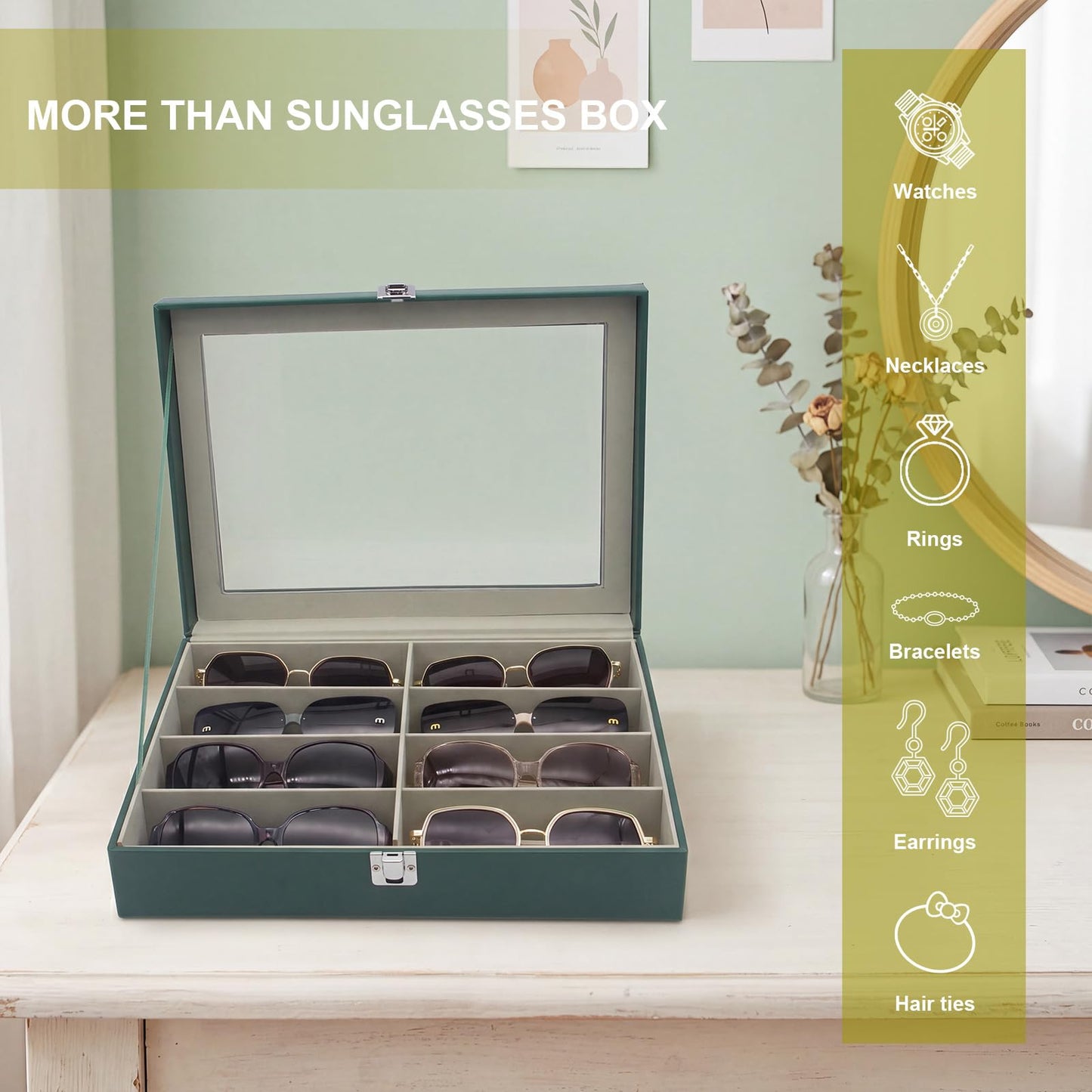 CECOBAG 8 Slots Sunglass Organizer with Clear Top Lid – PU Leather Glasses Case Display Tray, Removable Dividers, Also Suitable for Jewelry Storage-Green