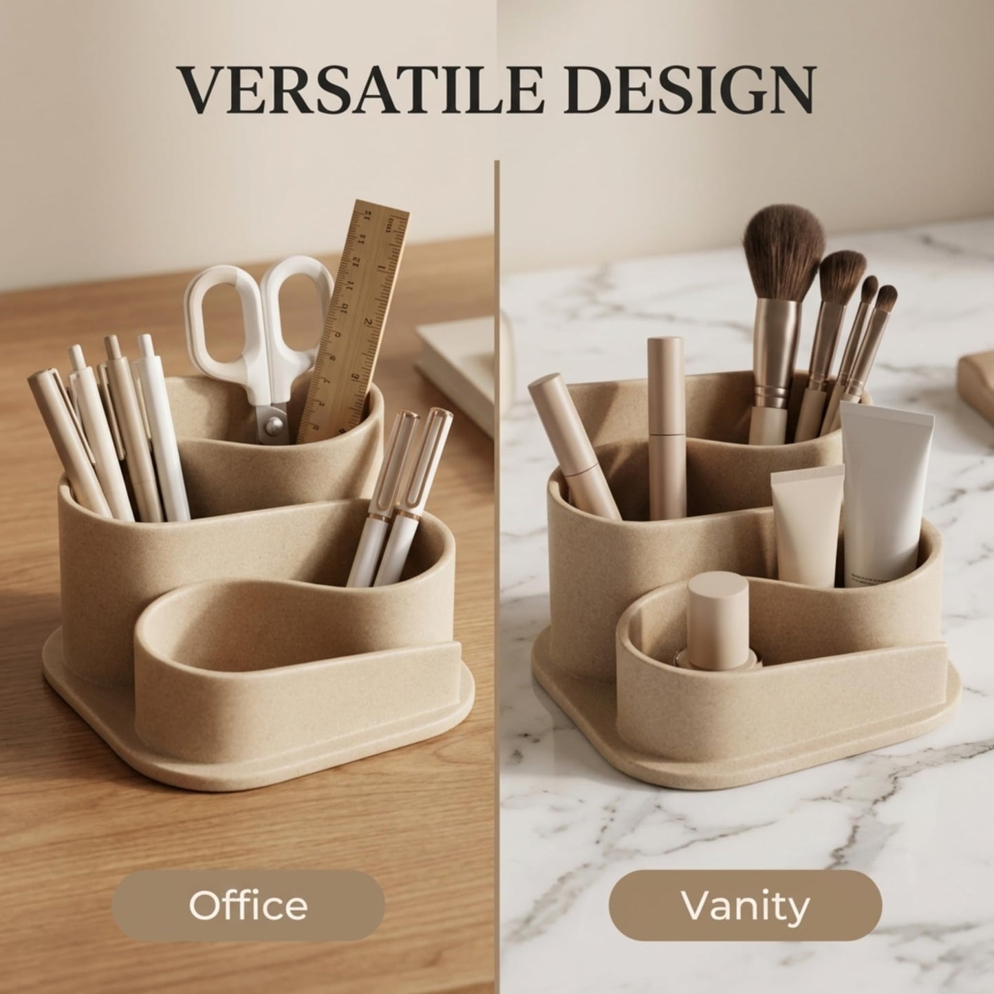 OAKOA Aesthetic Desk Organizer - Aesthetic Office Desk Accessories - Boho Pen Holder - Neutral Beige Desk Accessories - Home Office Essentials for Women - Cute Pencil Holder