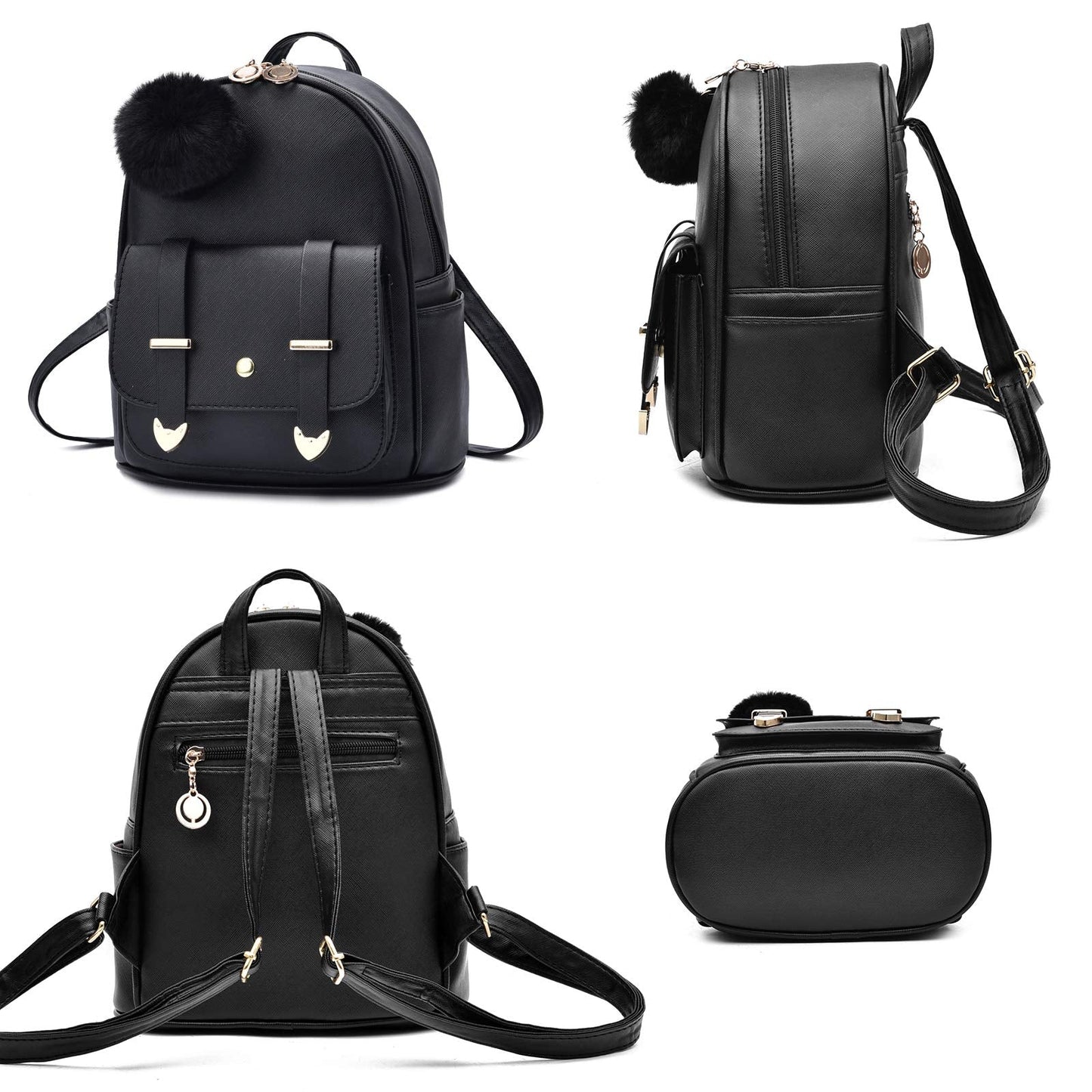 I IHAYNER Girls Fashion Mini Backpack Purse for Women & Teenage Girls - PU Leather Pompom Backpack Shoulder Bag - Black