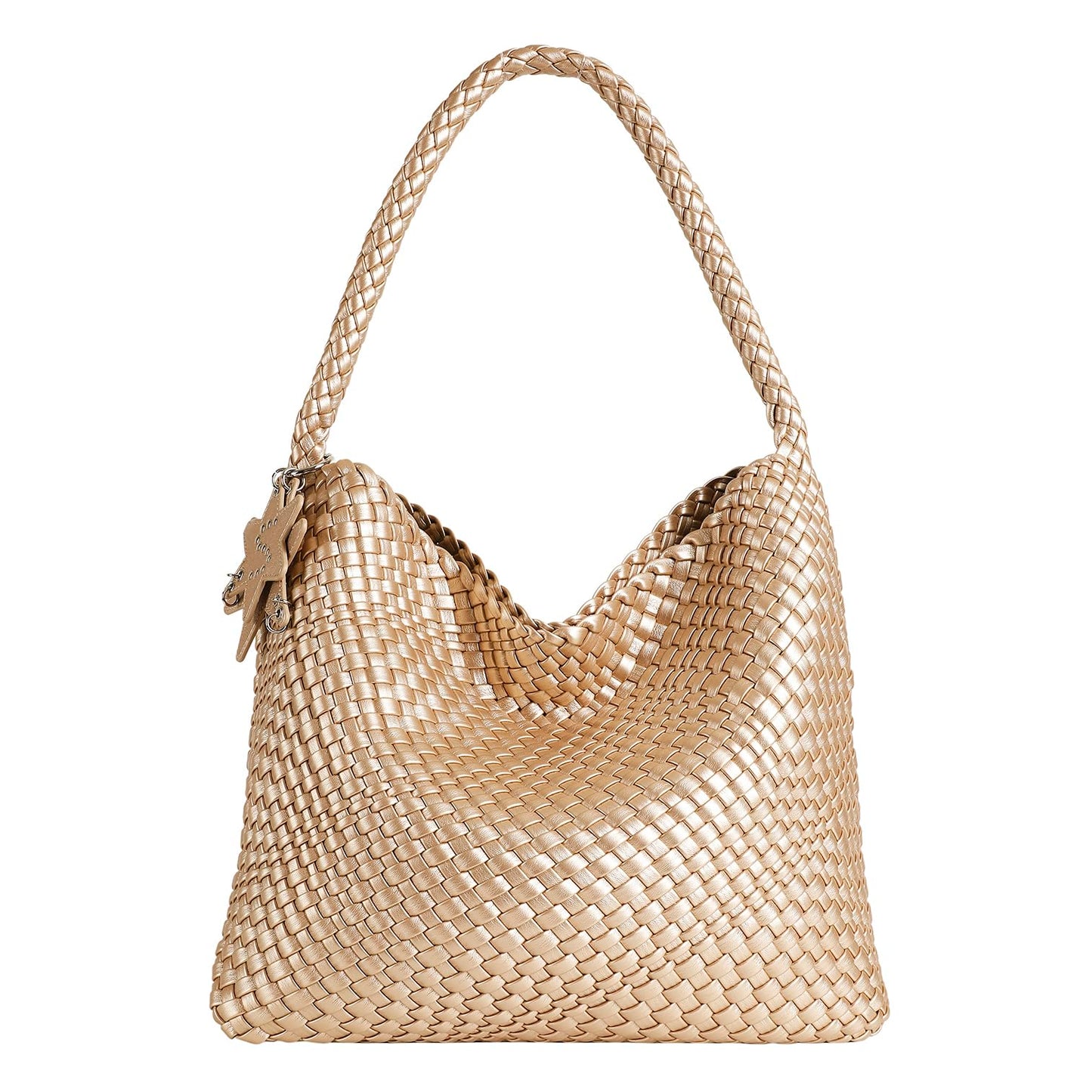 Leather Woven Tote Bag, Vegan Leather Slouchy Hobo Bag for Women, Large Shoulder Handbag Woven Purse (Gold-Large)