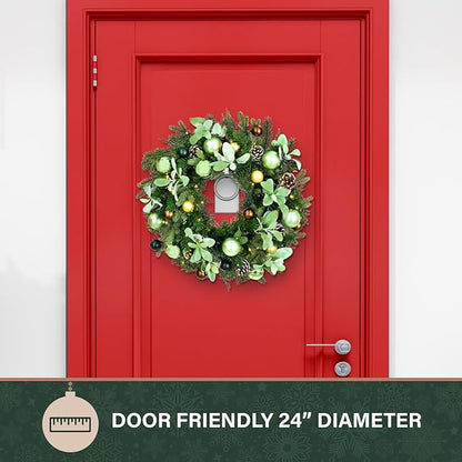 Fraser Hill Farm 24-in. Prelit Holiday Wreath with Pinecones and Metal Ornaments, White Micro-LED Light-Up Design for Indoor or Covered Outdoor Use on Porch, Patio, Kitchen