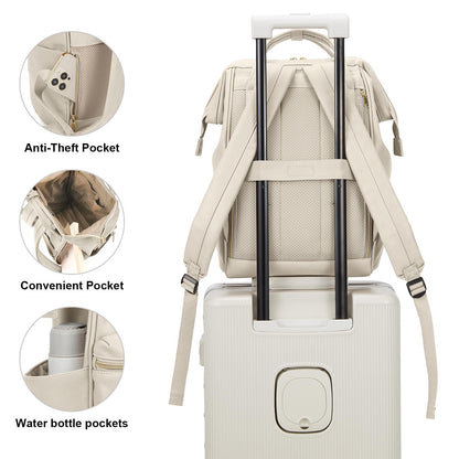 Kah&Kee Leather Laptop Backpack for Women, 14-15 Inch Professional Work Bag, Water-Resistant Vegan Leather Doctor Bag Backpack for Teacher, Nurse & Travel, Fits MacBook Air 15 (Ivory,Medium)