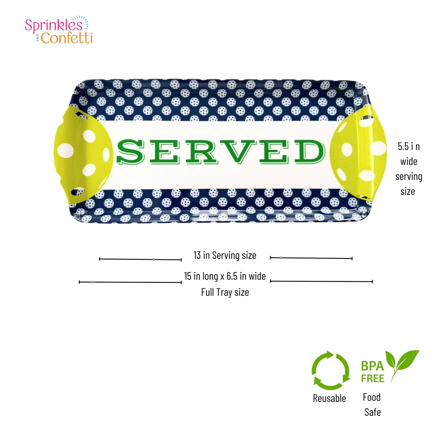 Sprinkles & Confetti Navy Pickleball Melamine Serving Tray with Handles - BPA-Free, Reusable | Durable Platter for Birthdays, Outdoor Events | Charcuterie, Appetizers, Cupcakes, Snacks