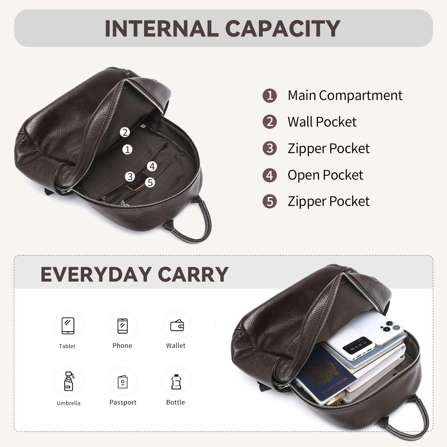 UEIRY Genuine Leather Backpack for Women Fashion Designer Shoulder Bags Soft Leather Backpack, Stylish Daypack for Work Travel School, Coffee
