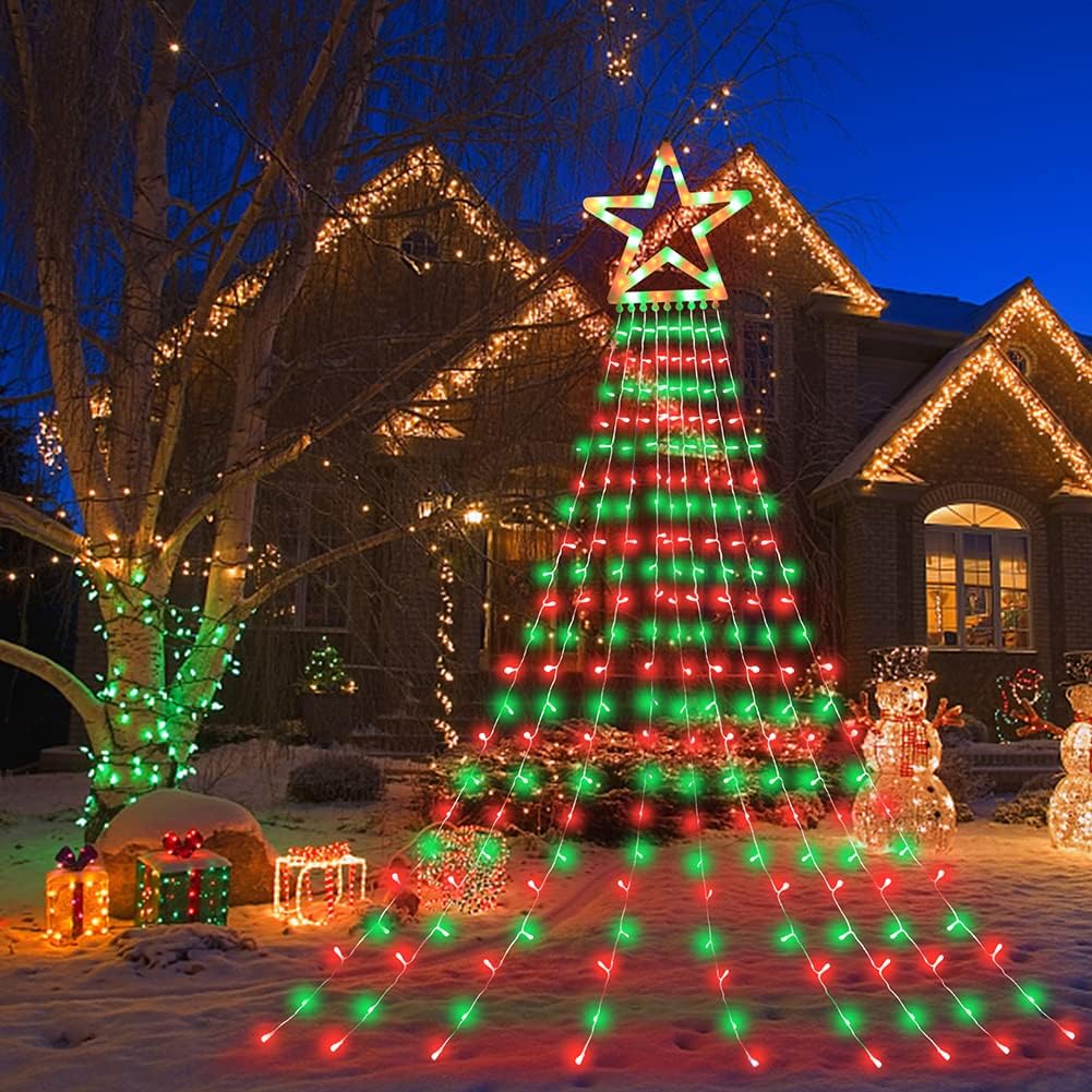 Outdoor Christmas Decorations Star Lights String,317 LED 11.5 ft Christmas Tree Lights, 8 Memory Lighting Modes&Timer Christmas Star Light for Yard,Festival,Party, Decorations (Green+Red)