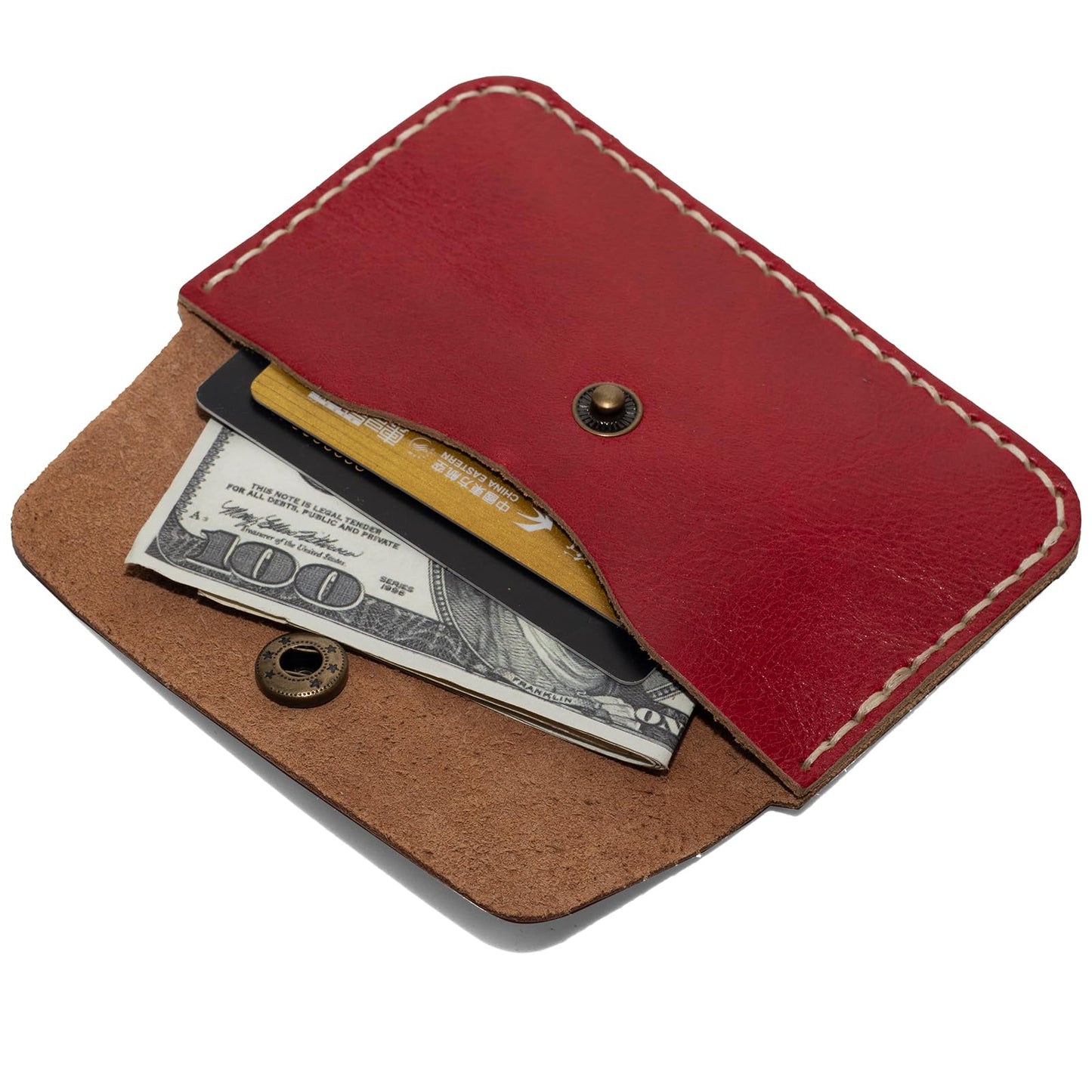 Handcrafted Premium Grey Leather Card Holder Wallet - Slim Design with Secure Closure (red)