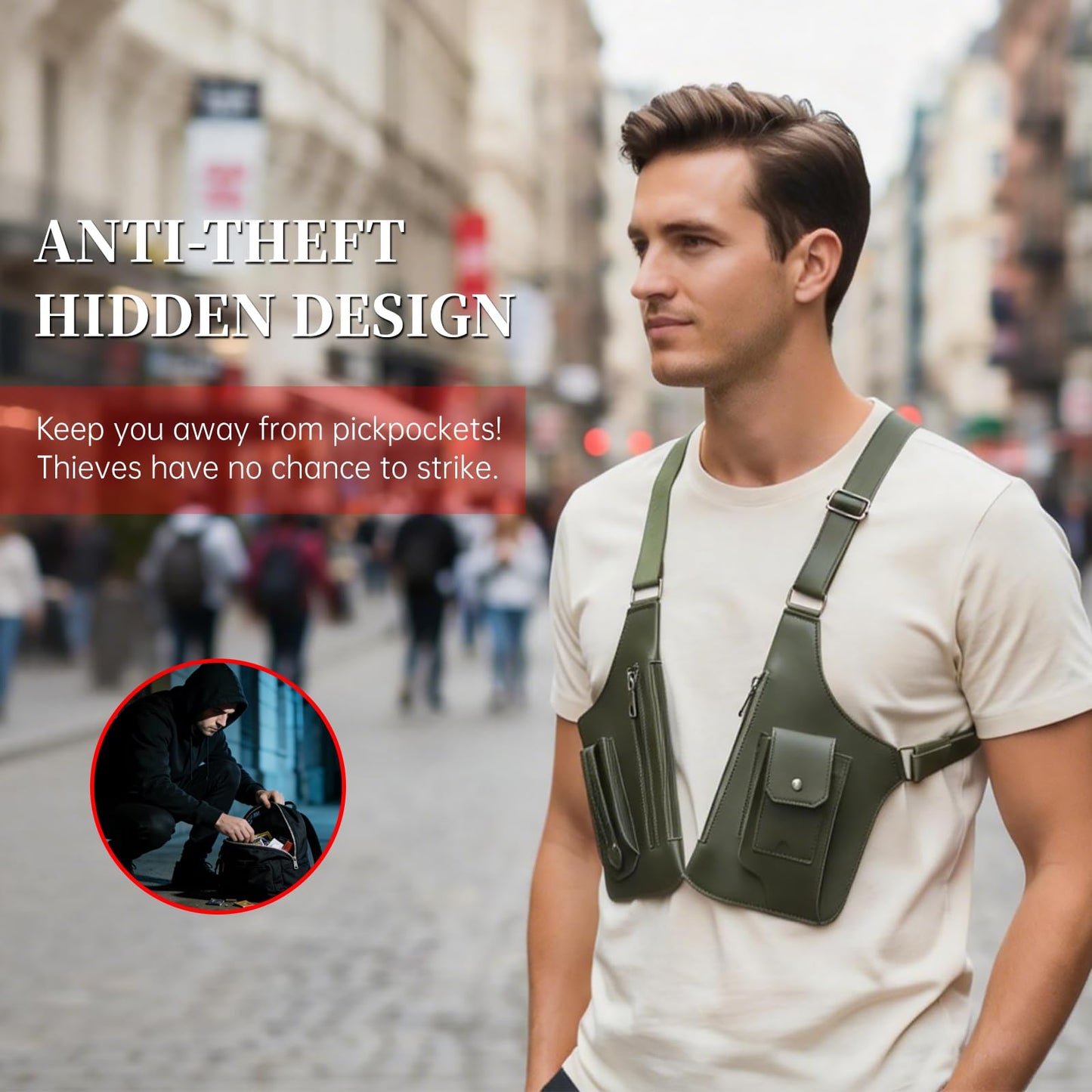 Pawbena Double Shoulder Armpit Bag for Men, Anti-Theft Underarm Shoulder Holster Bag with Adjustable Strap, Hidden Phone Wallet Pocket for Travel & Daily Commute (Army Green)