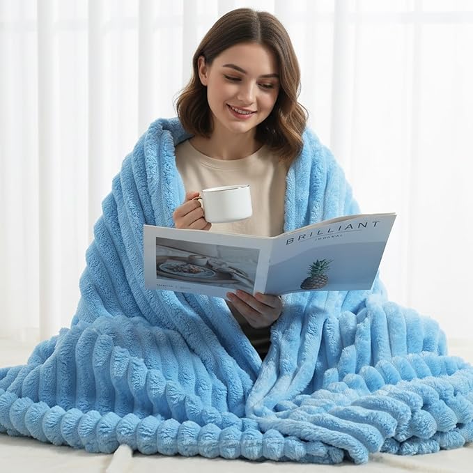 decorUhome Soft Fleece Blue Blanket King Size for Bed, Cozy Fluffy Plush Flannel Large Striped Throws for Couch Sofa, Lightweight Decorative Fuzzy Blanket for Woman, 108x90 Inches