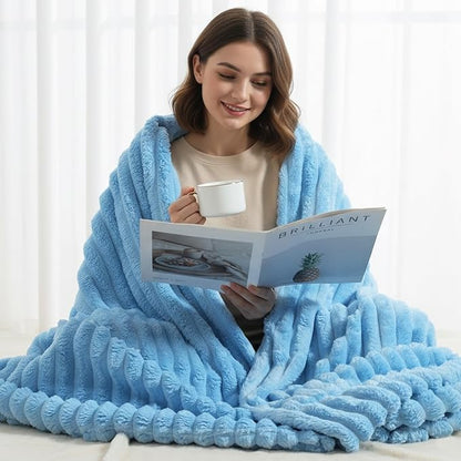 decorUhome Soft Fleece Blue Blanket King Size for Bed, Cozy Fluffy Plush Flannel Large Striped Throws for Couch Sofa, Lightweight Decorative Fuzzy Blanket for Woman, 108x90 Inches
