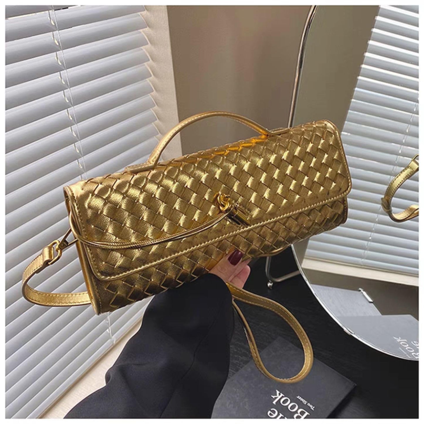 DST Gainbow Woven Clutch Purses for Women, PU Leather Evening Bag,Crossbody Shoulder Handbag with Detachable Strap（Gold）