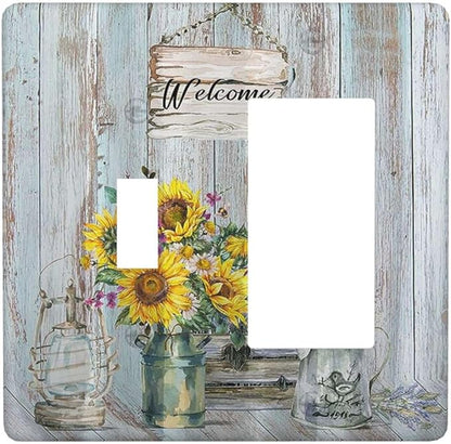 Sunflower Vintage Barn Wooden 2 Gang Light Switch Covers Sun floral Single Toggle Rocker Combo Wall Plate Electrical Faceplate Decorative Switchplate Farmhouse Home Livingroom Decor