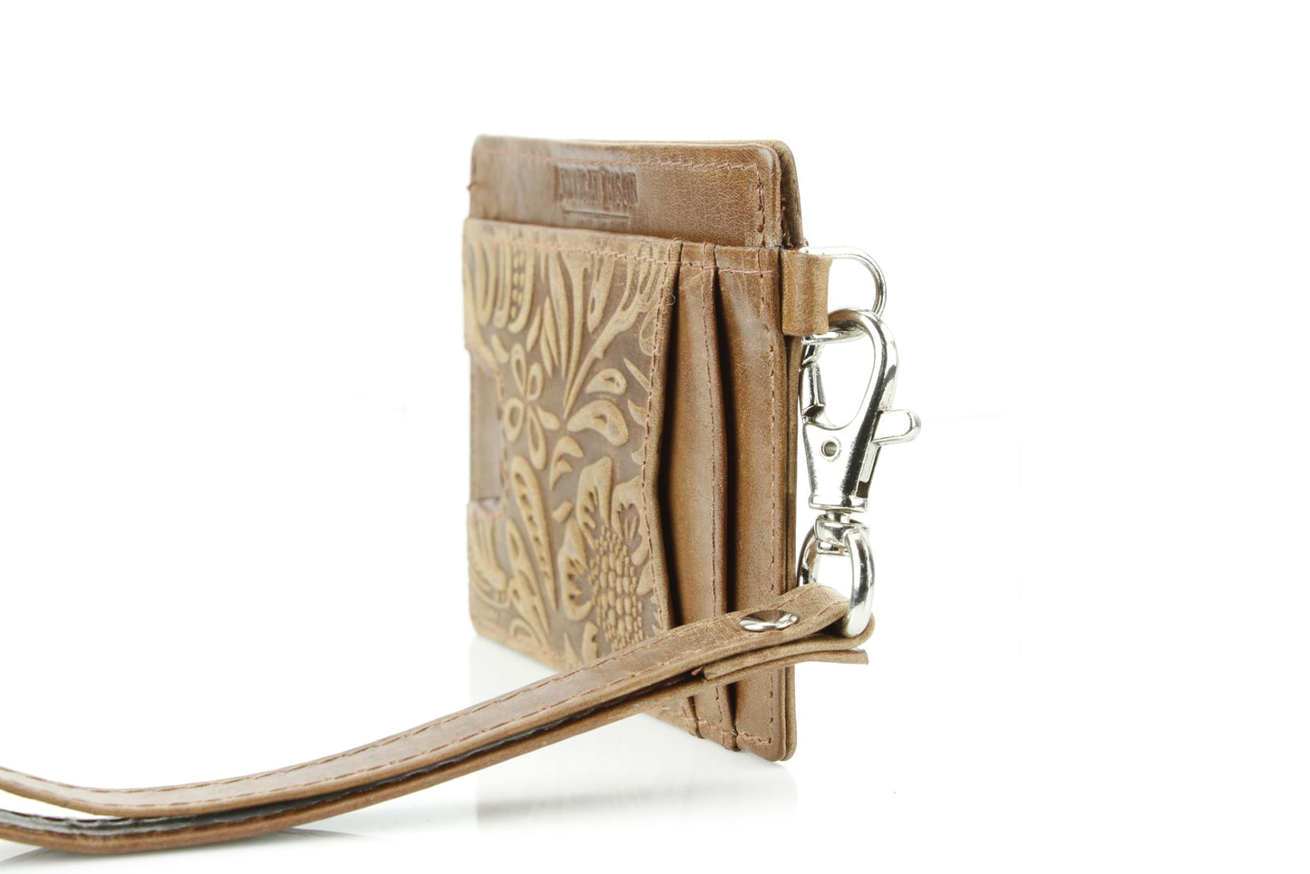 American Bison Embossed Floral Wristlet Wallet for Women – Small ID Card Holder with Credit Card Slots & Pull Tab Organizer – Compact Leather Wrist Strap Clutch (Tan)