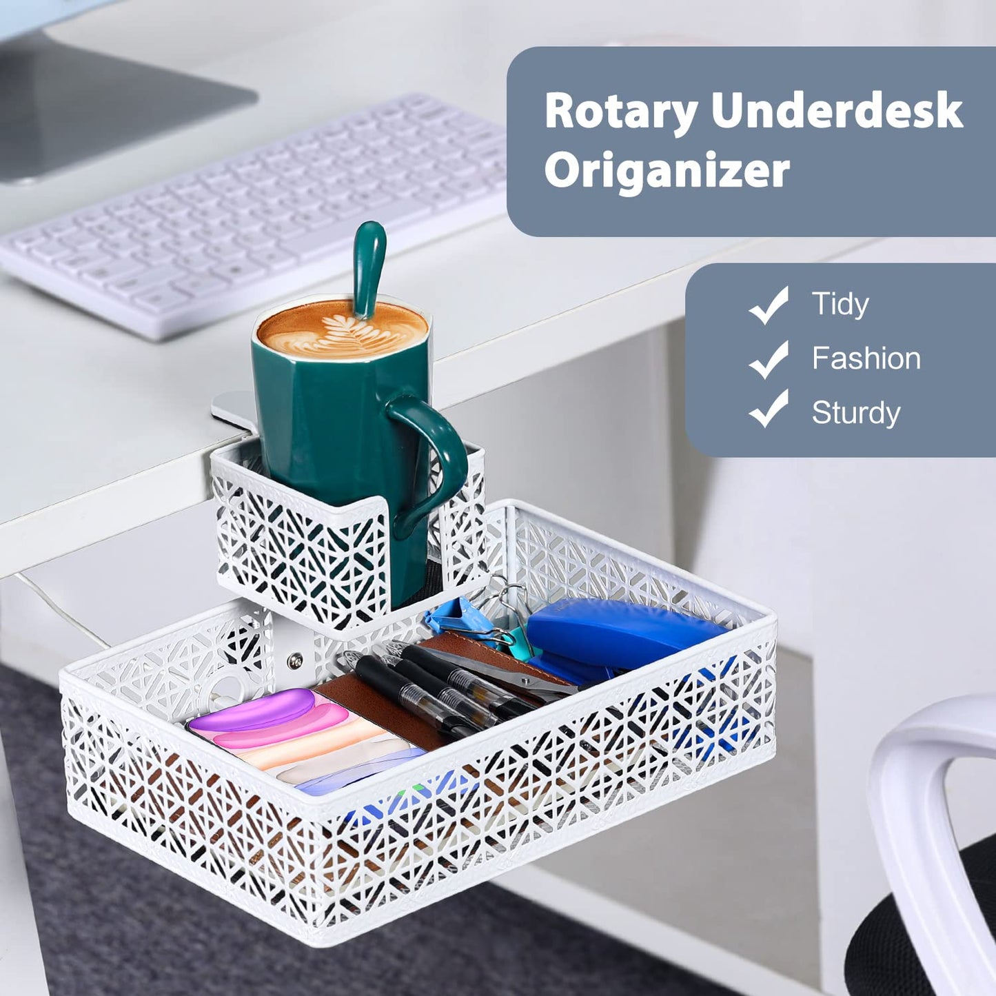 Aurynns Under Desk Drawer Organizer Clip-on Cup Holder Under Desk Storage Drawers Rotated Under Table Drawer for Desk Organizer Clamp Phone Holder Paper Drawer (White)