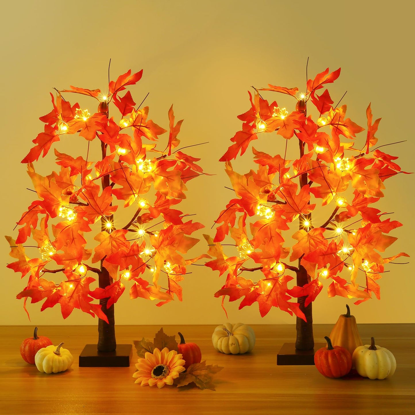 Joyhalo 2 Pack 23.5 Inch Fall Trees with Lights, Timer Battery Operated Fall Light Up Tree for Thanksgiving Autumn Home Office Room Indoor Decorations, Faux Fall Lighted Maple Trees Decor
