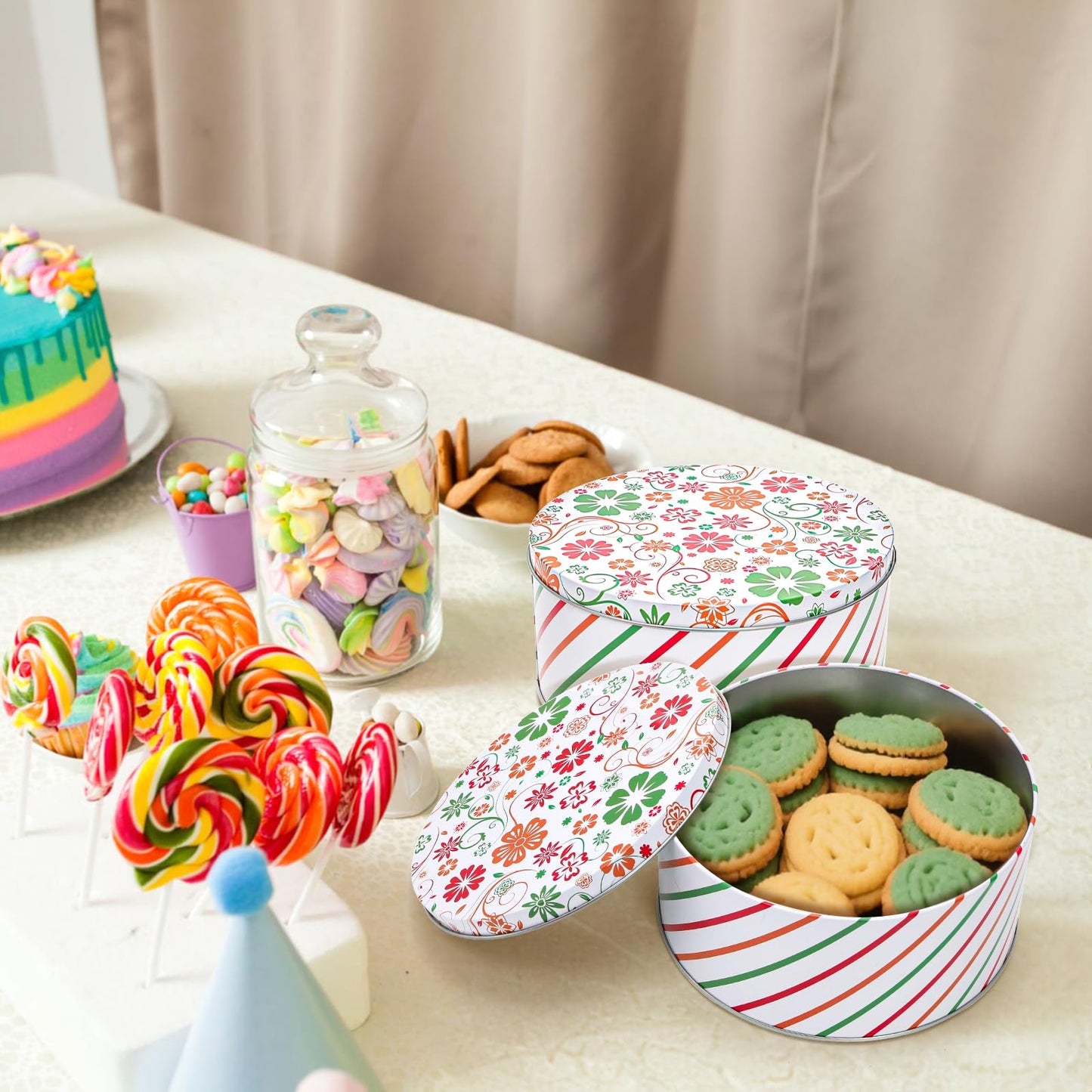 Yopay 3 Pack Round Decorative Cookie Tins, Floral Red Green Striped Holiday Metal Gift Tins, Food Safe Baking Cake Storage Containers for Easter, Christmas Cookies, Candy, Biscuits, Gift Packaging