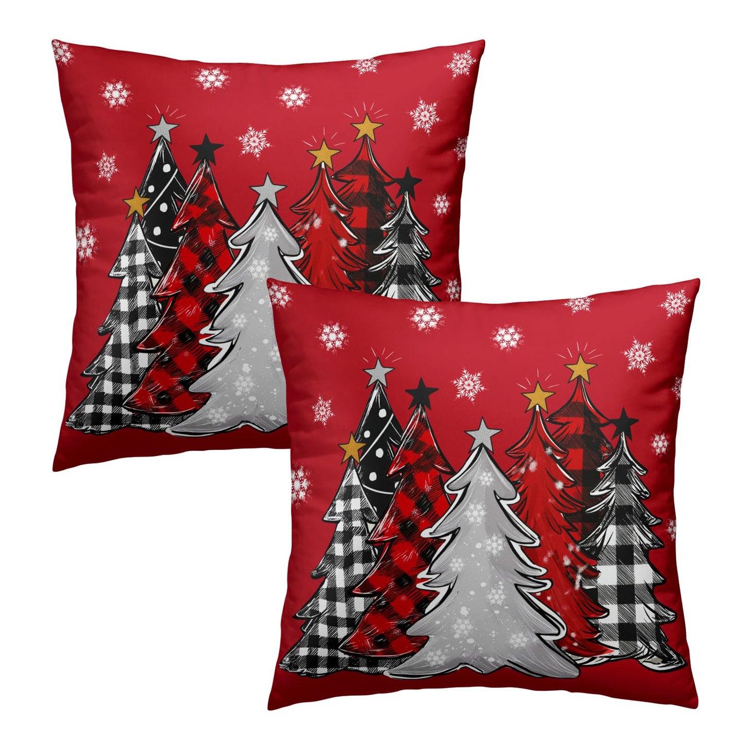 Christmas Pillow Cover 16x16 Inch Merry Christmas Tree Red Throw Pillow Cover Set of 2 Winter Snowflake Decorative Pillow Cases Farmhouse Xmas Holiday Checked Cushion Case for Sofa Home Decor