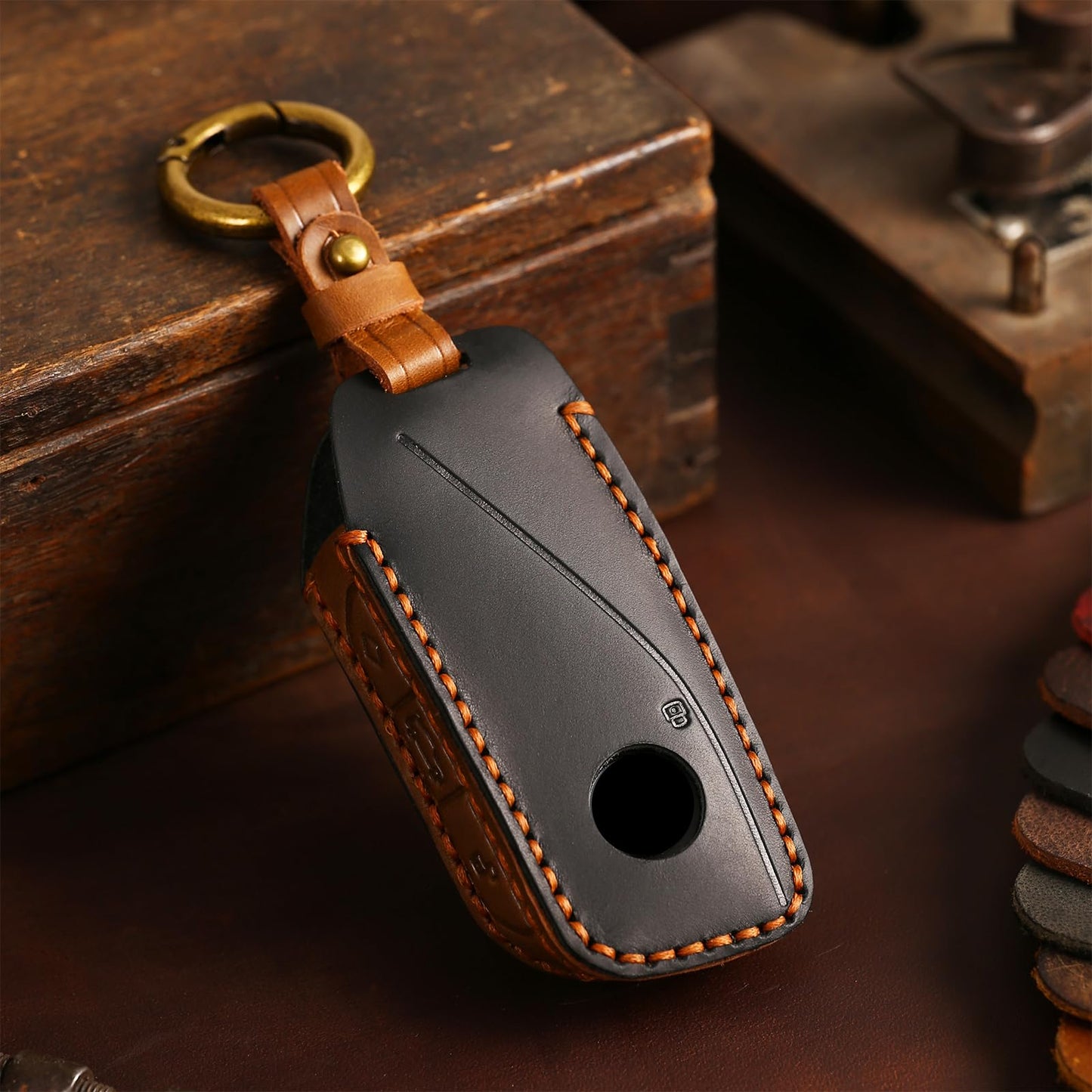 OLLEN Screws-Free Genuine Leather Key Fob Cover Fit for BMW 2023-2025~up New 5/7 Series 740i 760i X1 X2 X3 X5 X6 X7 XM IX IX3 I5 I7 etc, with Key Ring, Black