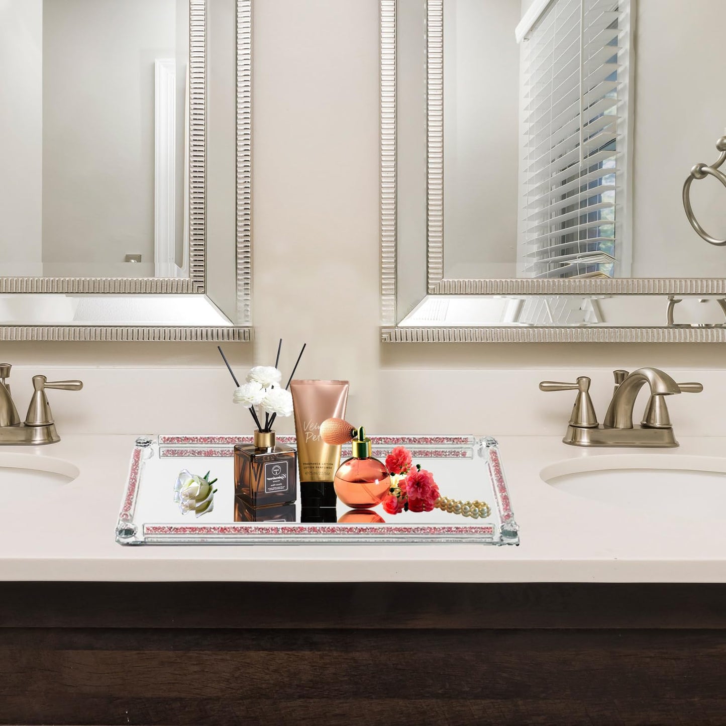 Crystal Mirror Tray, Crystal Glass Perfume Tray for Dresser Cosmetic Trinket Jewelry Vanity Trays for Display Crushed Diamond Home Decor Serving Trays for Bathroom Countertop Organizer (Rose Red)