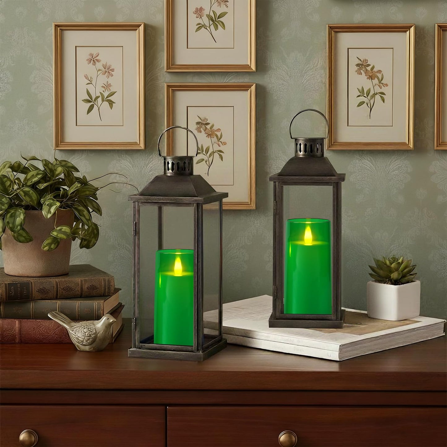 Raycare St. Patrick's Day Flameless Electronic Pillar Candles with Remote Control and Timer- Battery Operated Realistic Flickering LED Fake Candle for Home, Wedding Decor,Green,Set of 2(3"x6"6")