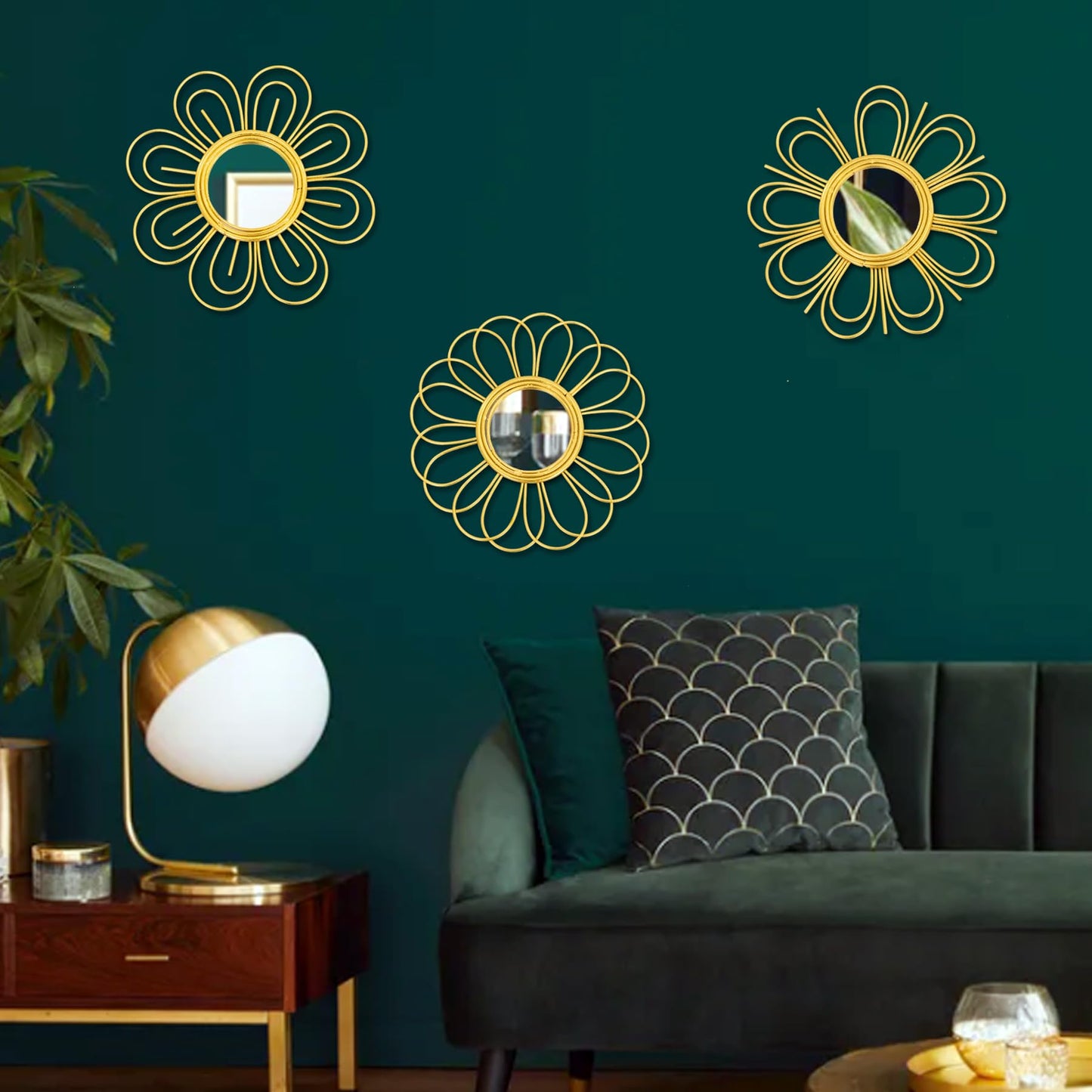 Gold Mirrors 3 Piece, 9 inch Flower-Indoor Shaped Mirror Hanging Wall Decor