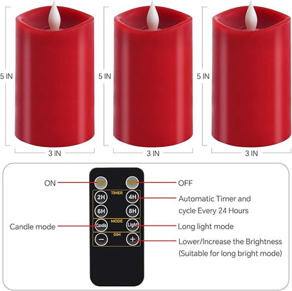 3PCS, 3 x 5 inches Flameless Candle with Remote Control, 3D Flickering Wick, Real Wax Pillar LED Candles, Battery Candles,with Timer,for Holiday Home Decor, Red