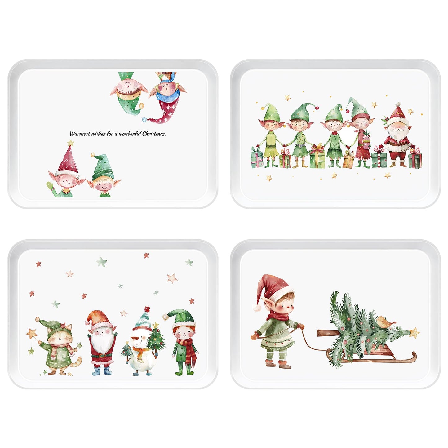 VIYNRAN 4-Piece 15 x 11 Inch Christmas Serving Tray Set, Reusable Melamine Platters with Cute Elf Cartoons, Holiday Party Trays for Snacks, Fruit, Desserts, and Candy, Rectangular Design