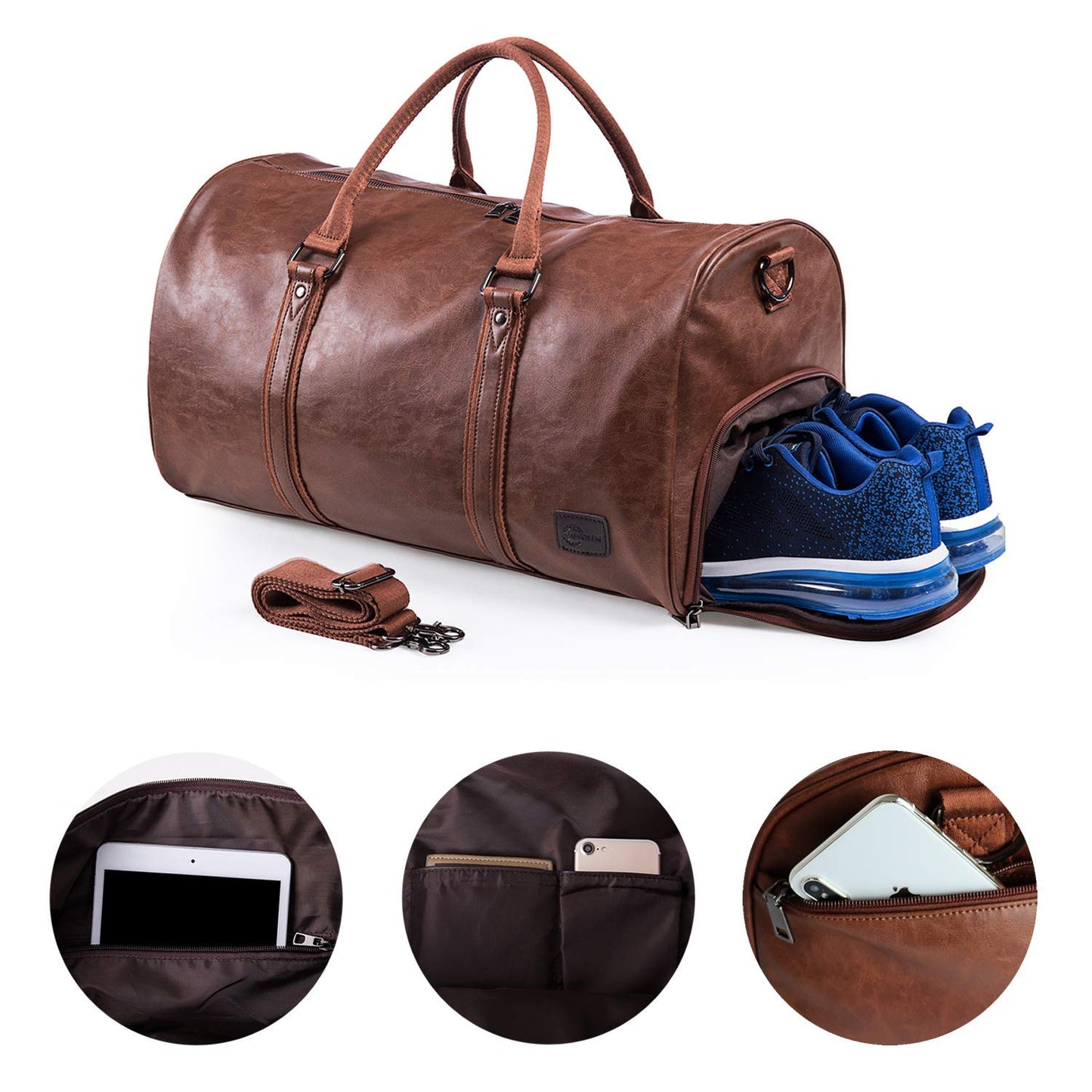 Leather Travel Bag with Shoe Pouch, Waterproof Weekender Overnight Bag,Carry On Duffel Bag for Men Women-Brown