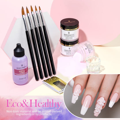 BORN PRETTY Acrylic Nail Kit - Acrylic Powder (Clear, White, Pink) & Liquid Set with Nail Forms, Brush Pen, File & Glass Container - Beginner Friendly
