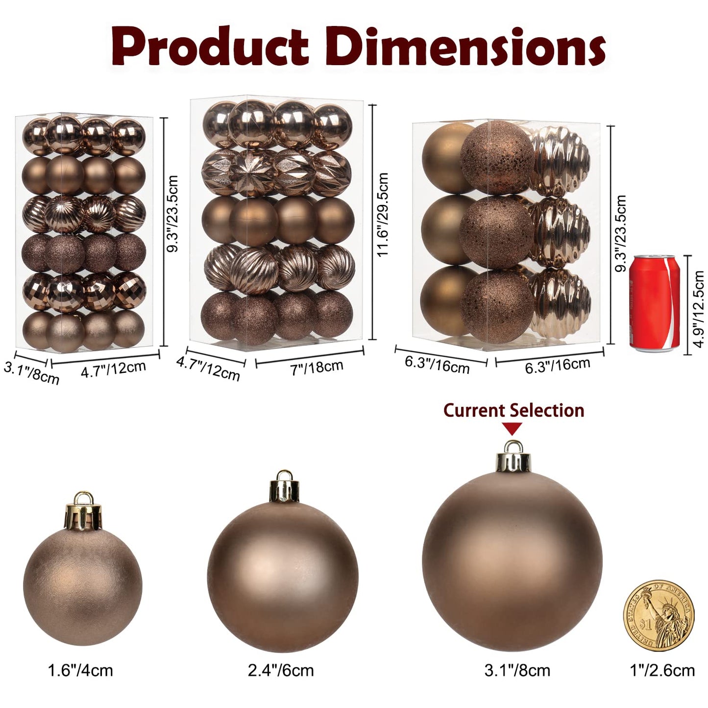 3.15" Christmas Ball Ornaments Brown 12 Pcs Shatterproof Christmas Tree Decorations Xmas Tree Medium Christmas Ornaments Balls with Hanging Loop for Halloween Wedding Holiday Party Wreath Home Decor