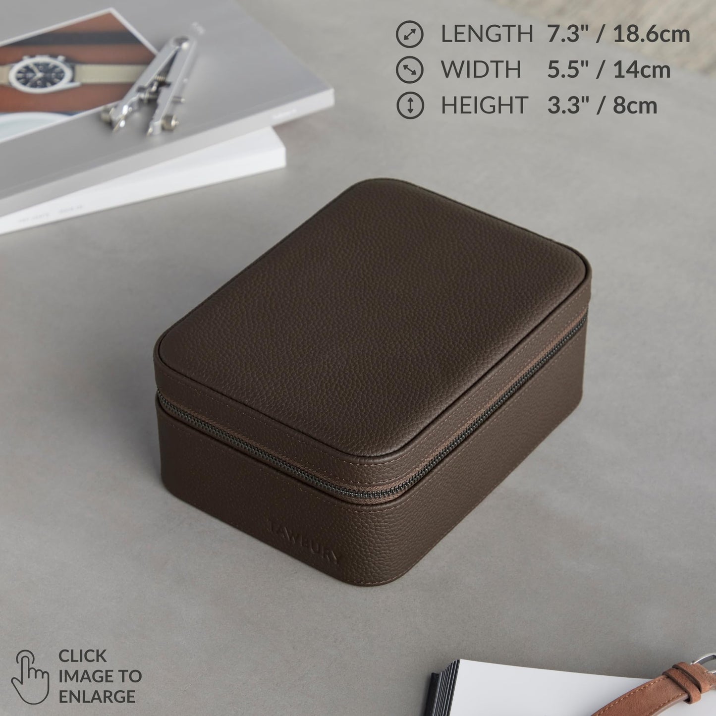 TAWBURY Watch Case - 4 Slot Genuine Top-Grain Leather Watch Box for Men & Women with Extra Wide Pillows for Large Watches - Portable Wristwatch Storage for Home & Travel (Brown)