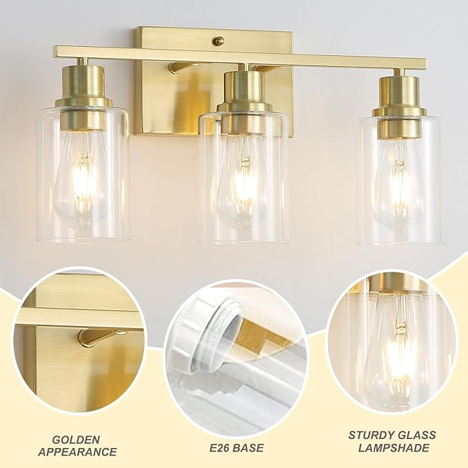 3-Lights Modern Wall Sconces Gold Bathroom Vanity Light Fixtures,Brushed Brass Wall Lights with Clear Glass Shades, Farmhouse Wall Lighting for Hallway,Living Room,Bedroom