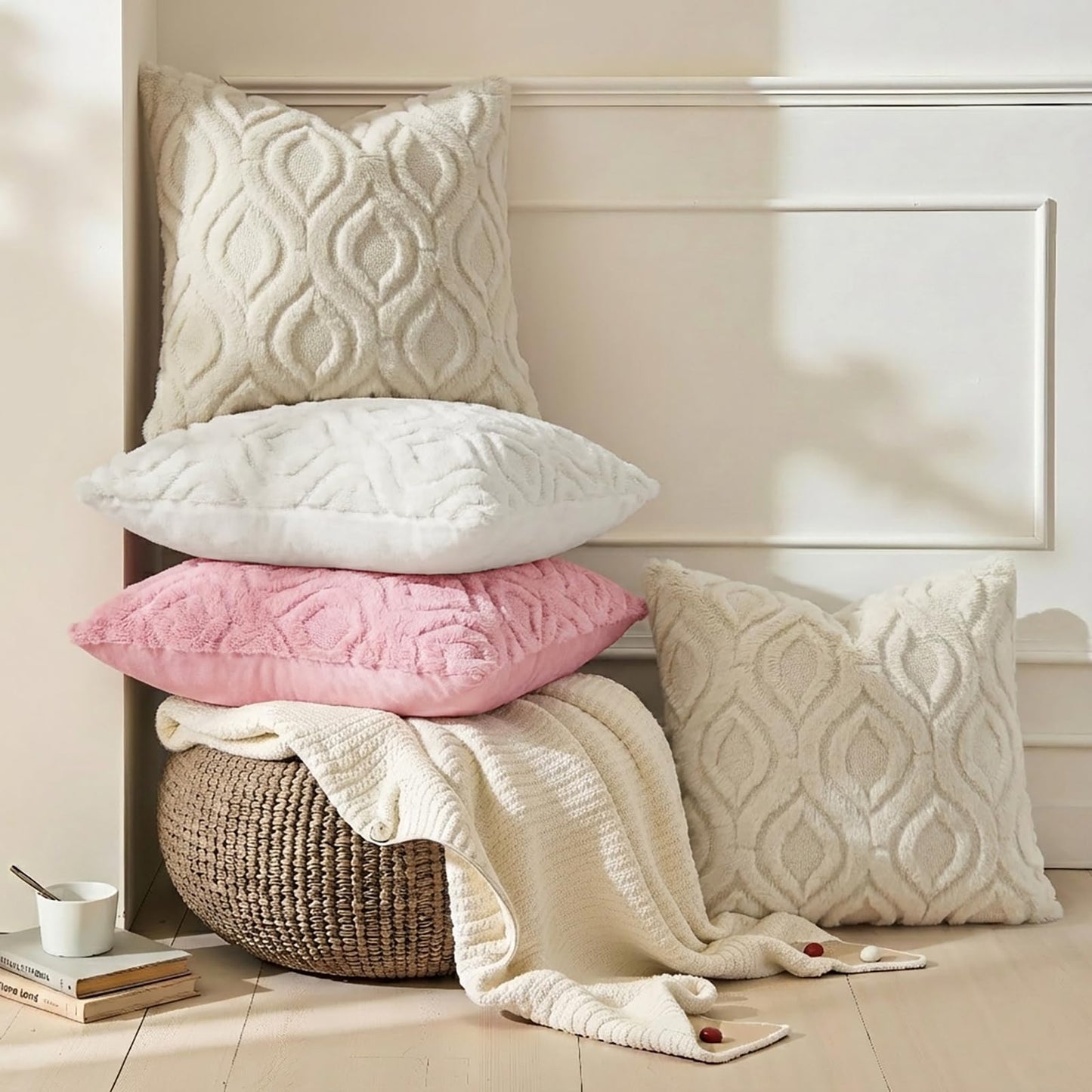 decorUhome Fall Throw Pillow Covers 18x18 Inch Set of 2, Soft Plush Faux Wool Beige Solid Couch Pillow Covers, Accent Farmhouse Neutral Square Pillow Cases for Sofa Bed Living Room