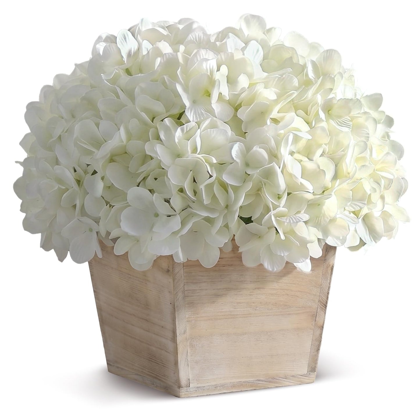 YXZZWL 10" Artificial Hydrangea Arrangement in Planter for Table Centerpiece, Lifelike Fake Hydrangea Potted Plant, Silk Faux Flowers in Wood Planter for Farmhouse Home Office Shower Decor (White)