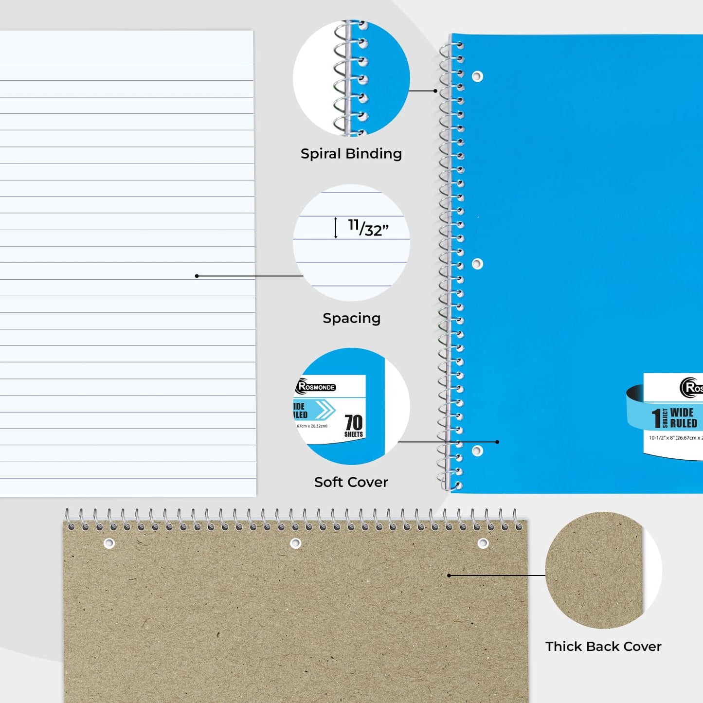 Rosmonde 50 Pack, 1 Subject Spiral Notebook Wide Ruled Bulk, 140 Pages (70 Sheets), Thick No-Bleed Paper, 8 x 10-1/2", 3 Hole Punched, 1 Subject Spiral Notebook Bulk, Bulk Subject Notebook
