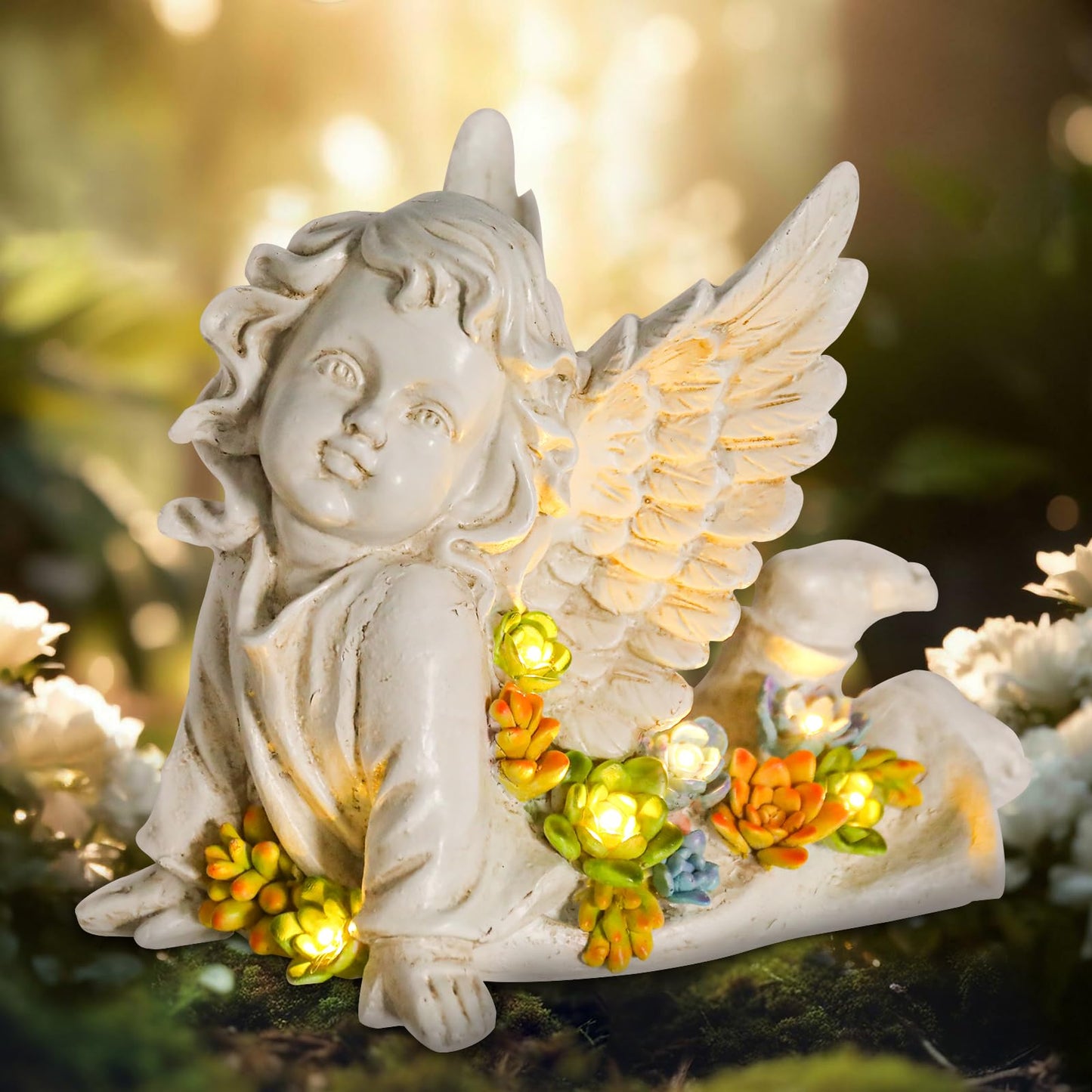 Solar Cherub Angel Outdoor Garden Decor Statues - 7 inches Baby Angel Figurines Outdoor Sculptures with Succulent, Garden Statues for Outside, Patio, Balcony, Lawn Ornaments or Housewarming Gift