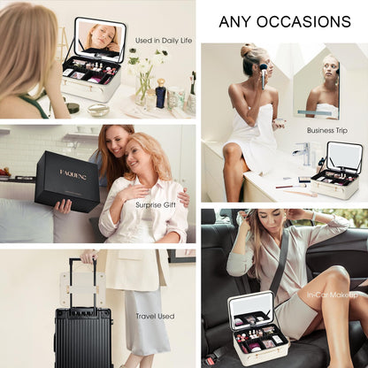 Faquenc Leather Makeup Case with LED Lighted Mirror 11.4 Inch Travel Makeup Bag Adjustable Brightness in 3 Colors Cosmetic Organizer Artist Storage Bag with Dividers Brush Holder Bag Vanity White