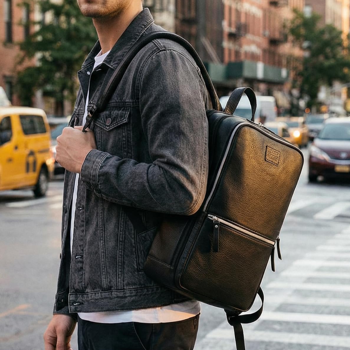 LEATHER VILLAGE Leather Laptop Backpack for Men | Black | Slim Professional Business Bag Fits 15.6”-Laptop | Water-Repellent Work & Travel Daypack with Trolley Strap