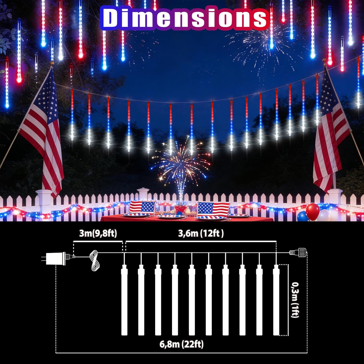 TWINGLEHOME 10 Set 12" 240 LED Meteor Lights with Built-in Connectors – Red, Blue, White for Nation Day