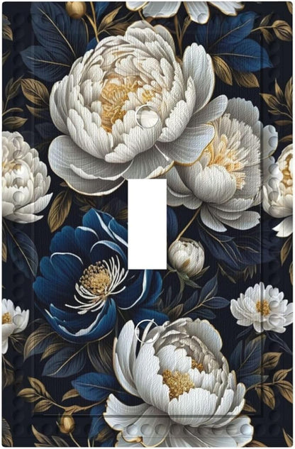 White Gold Blue Flower Light Switch Covers 1 Gang Single Toggle Wall Plate Decorative Switchcover Electrical Switchplate for Country Living Decor