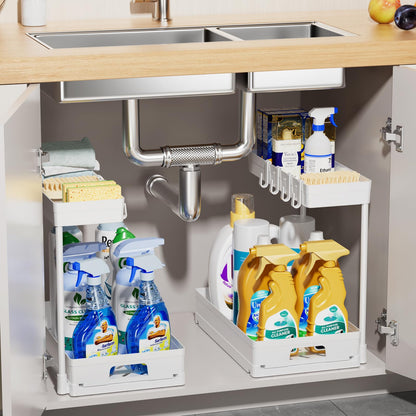 Delamu 2 Pack Under Sink Organizers and Storage, 2 Tier Pull Out Bathroom Cabinet Organizer, L-Shape Black Under Bathroom Kitchen Sink Organizer with Drawer for Under Sink Storage Organizer