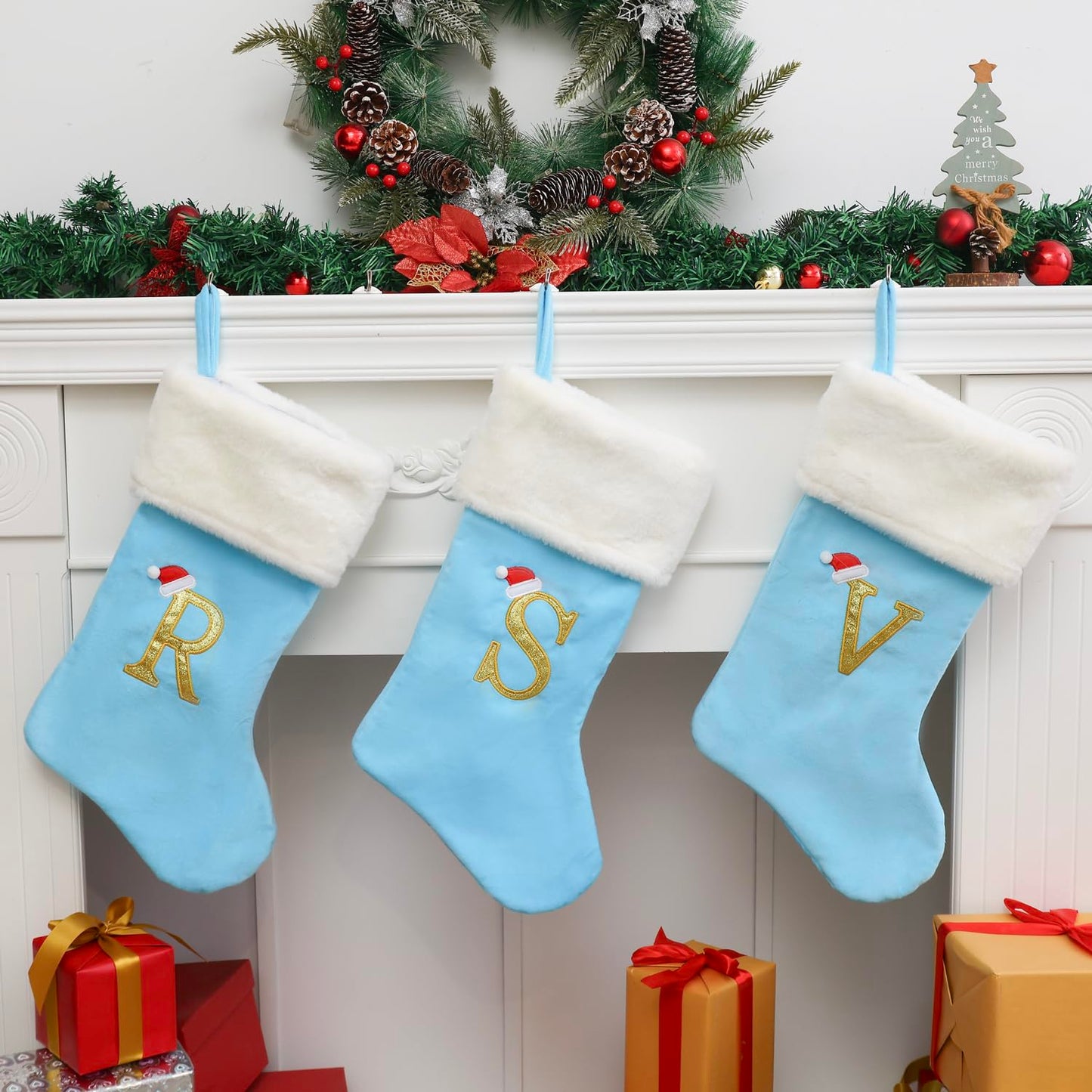 AUAWMLK 20-Inch Letter Embroidered Christmas Stocking Thick and Luxurious Light Blue Velvet with Super Soft Plush Cuff Personalized Festival Decoration for Xmas and New Year Party(Letter V)