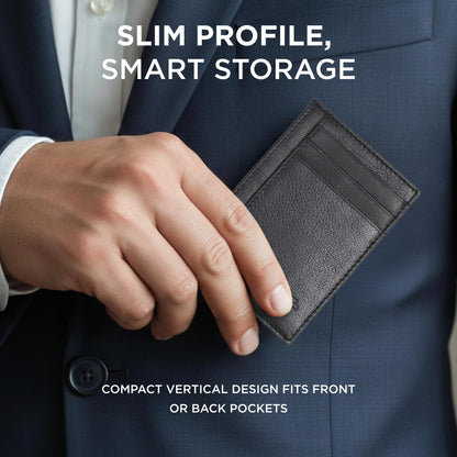 TRUTANN Black Leather Wallet – Classic Vertical Slim Card Holder | Real Genuine Leather Mens Wallet | RFID Secure | Fits Up to 8 Cards & Currency | Tap to Pay Feature | Quality Credit Card Holder